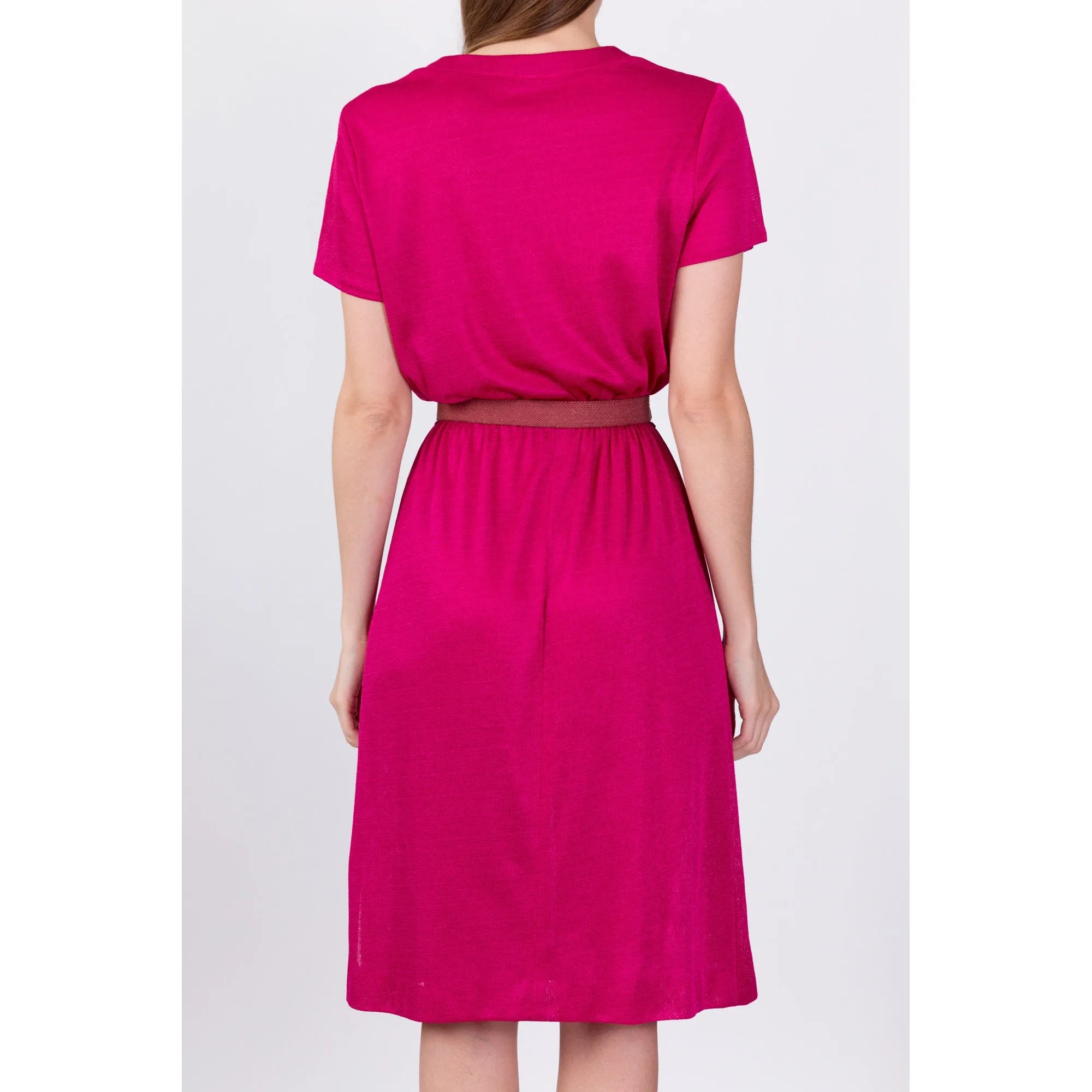 70s 80s Hot Pink Knit Dress - Medium