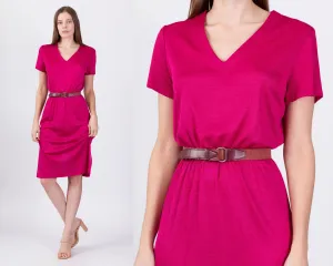 70s 80s Hot Pink Knit Dress - Medium