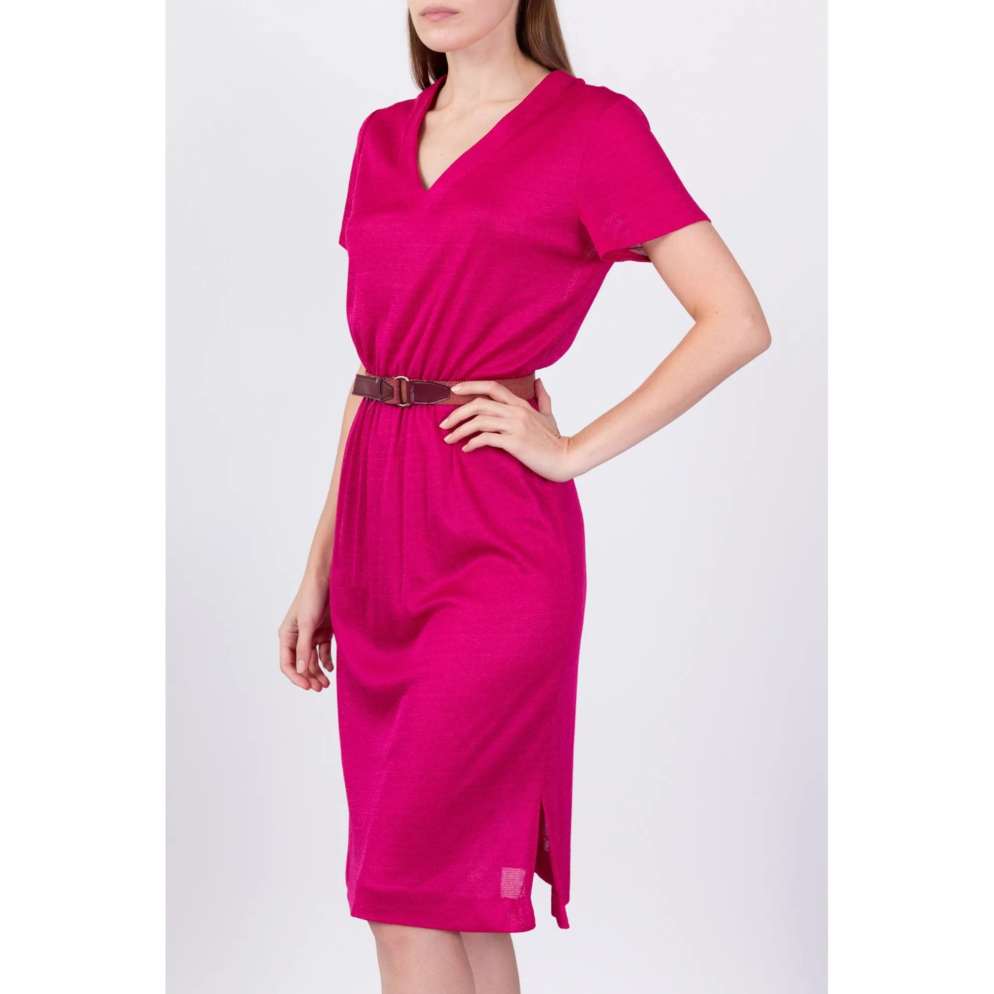 70s 80s Hot Pink Knit Dress - Medium