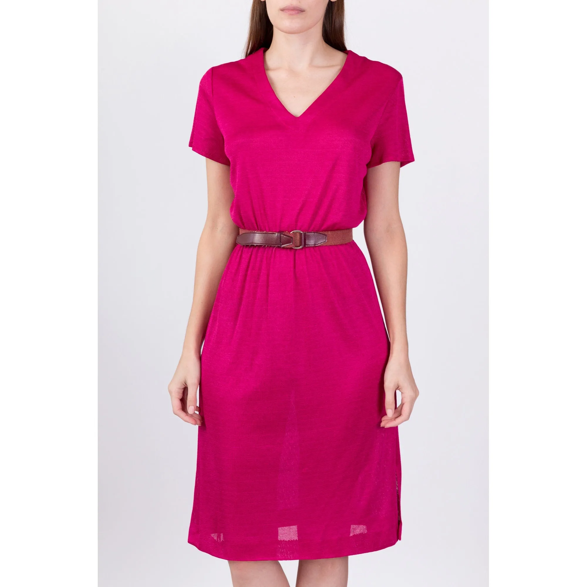 70s 80s Hot Pink Knit Dress - Medium