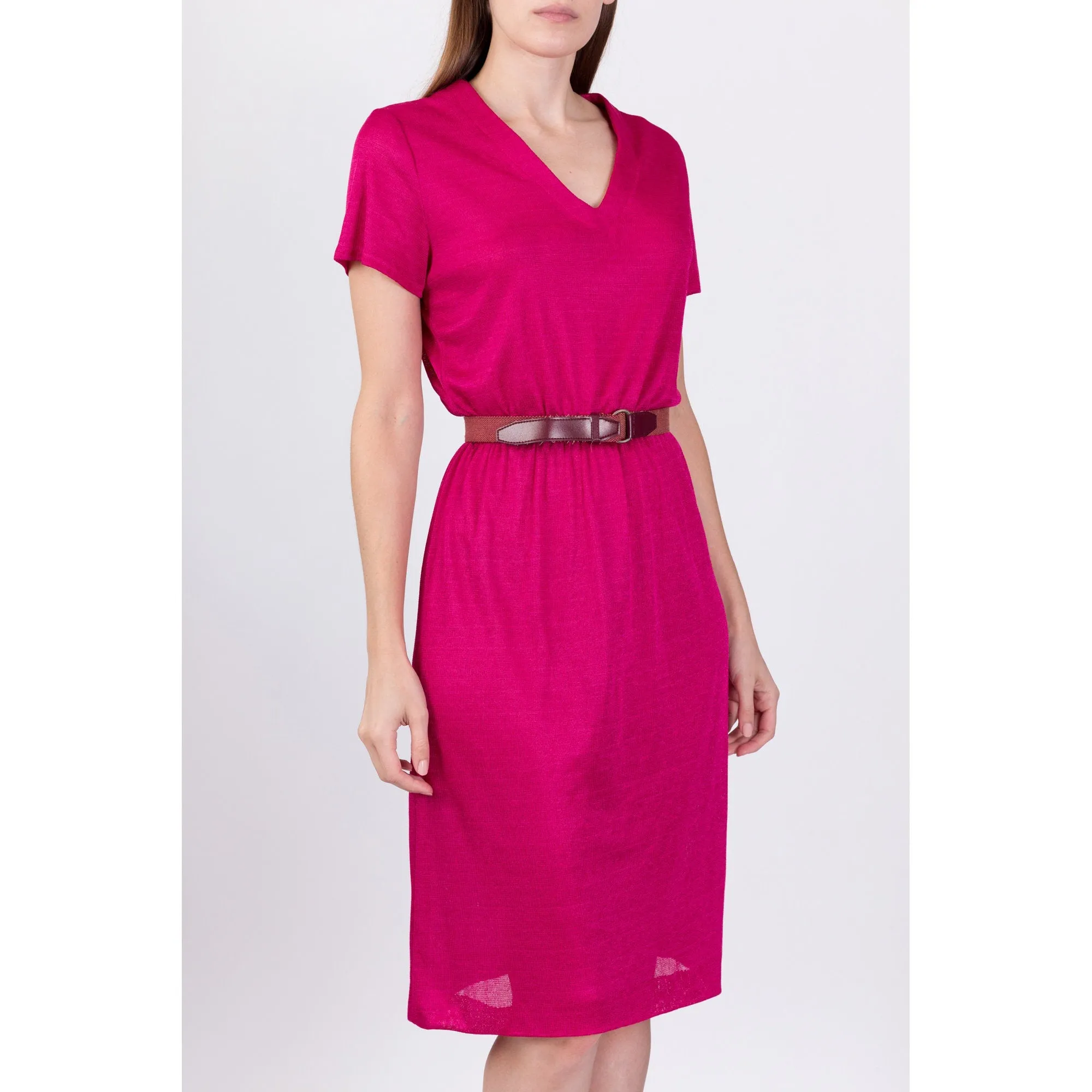 70s 80s Hot Pink Knit Dress - Medium