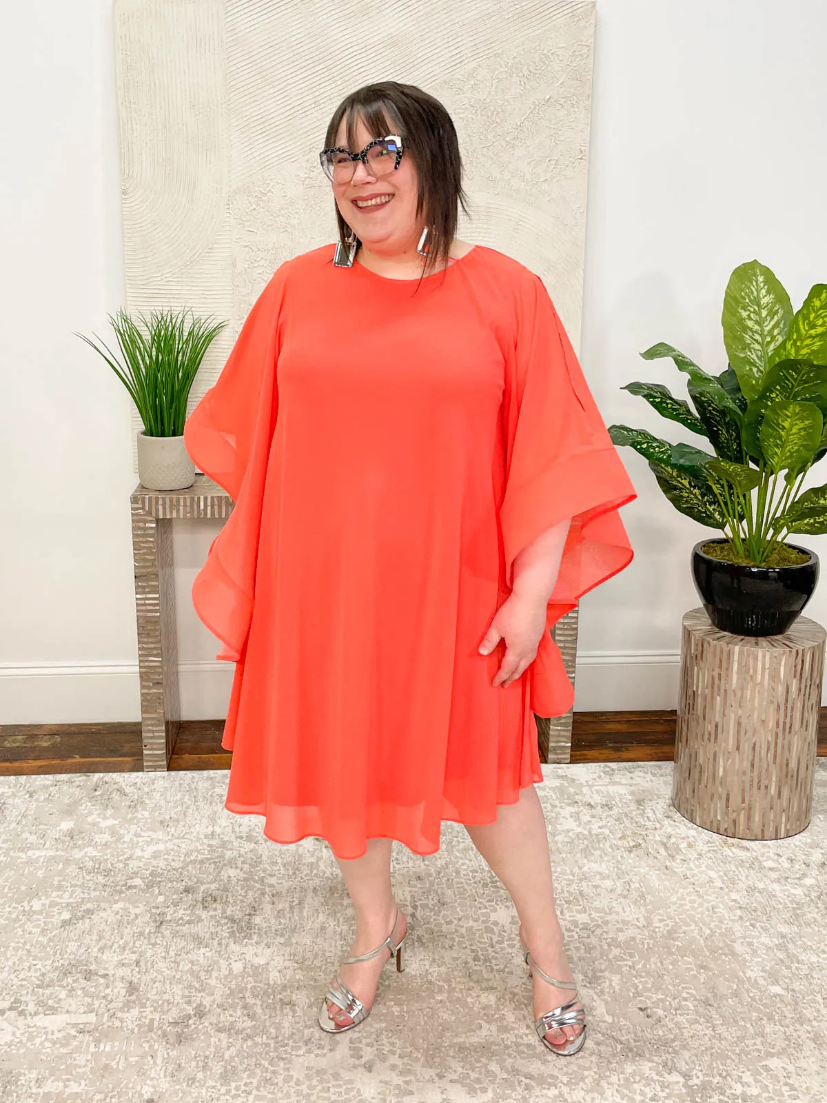 Bell Sleeve Chiffon Overlay Dress, Fiesta Coral