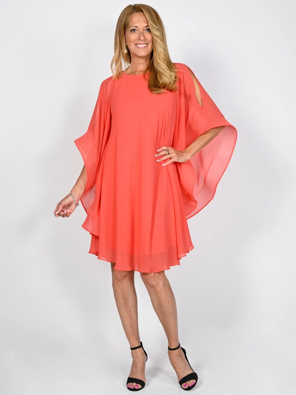 Bell Sleeve Chiffon Overlay Dress, Fiesta Coral