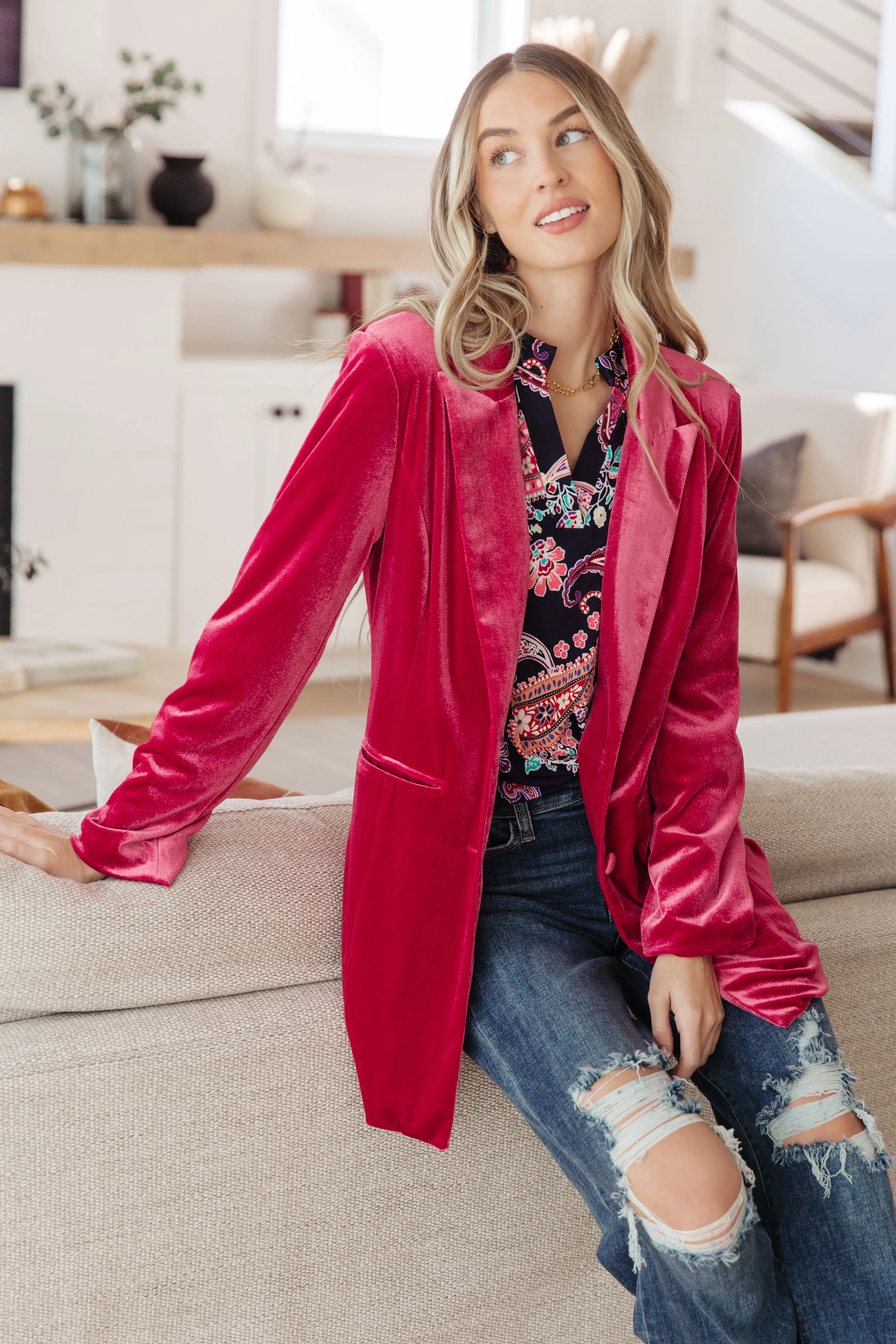 BiBi Verity Velvet Blazer in Pink