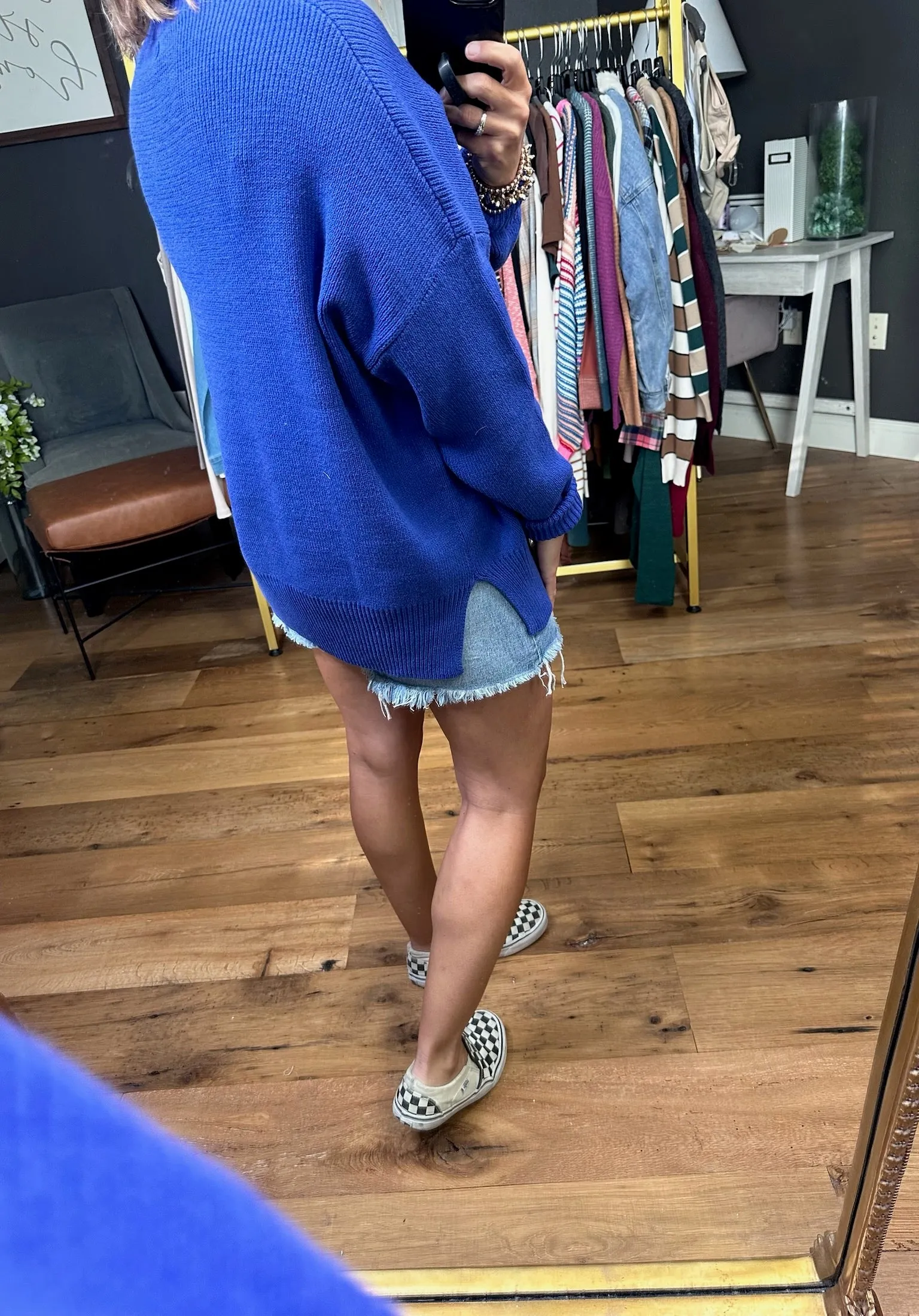 Catch Your Eye Slit-Hem Crew Sweater - Royal Blue