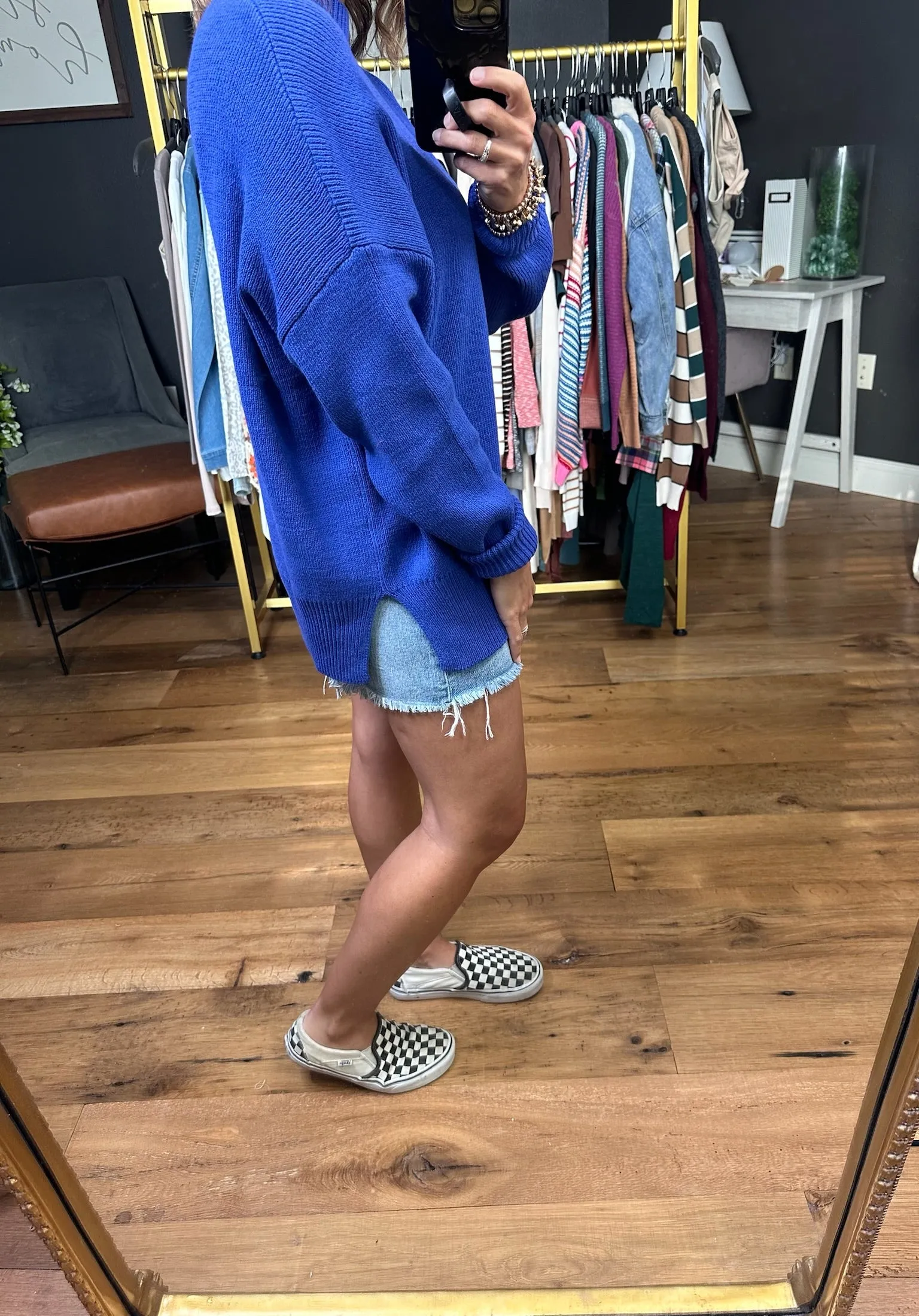 Catch Your Eye Slit-Hem Crew Sweater - Royal Blue
