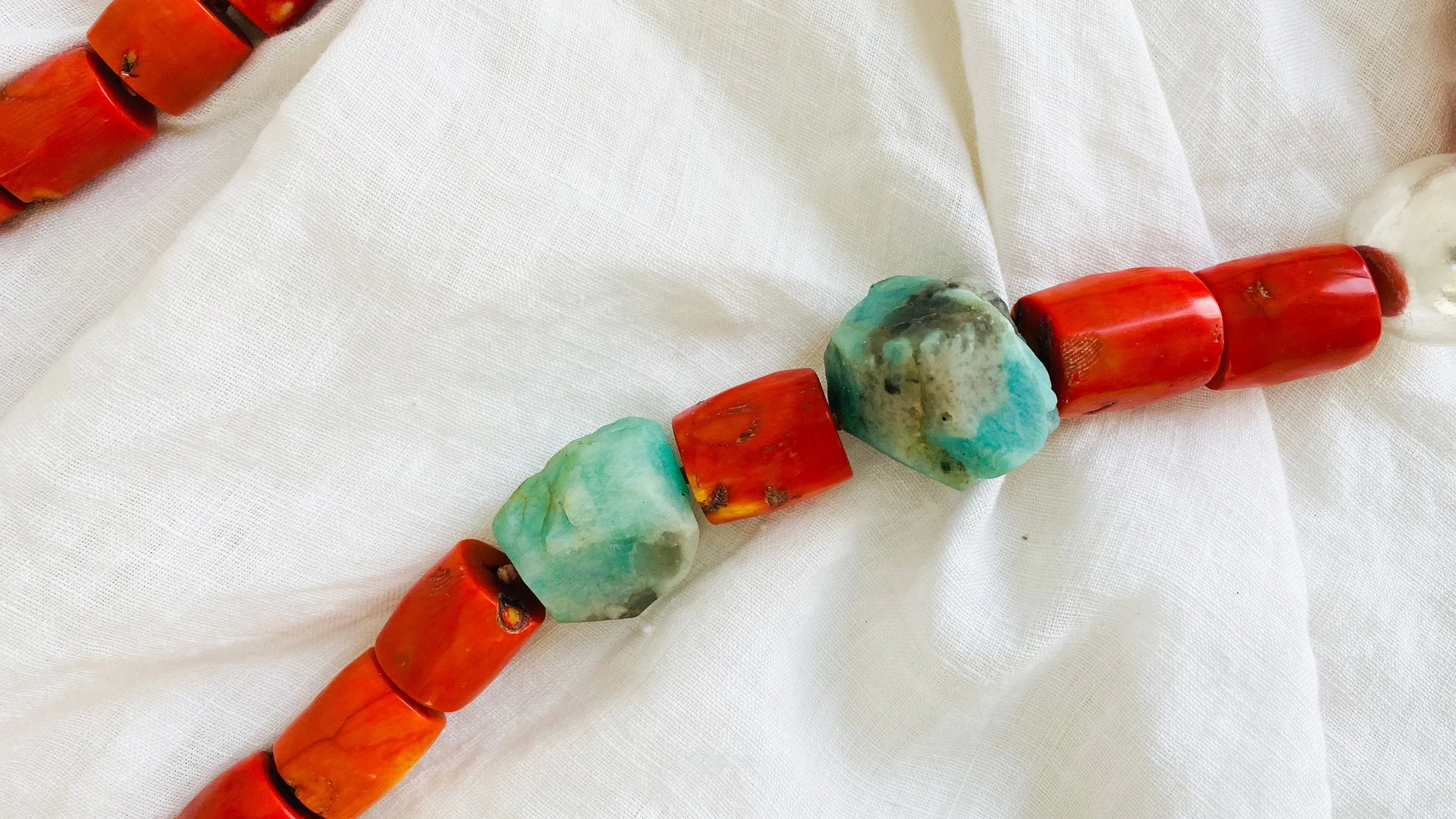 Coral, Amazonite and Silver Beaded Necklace.