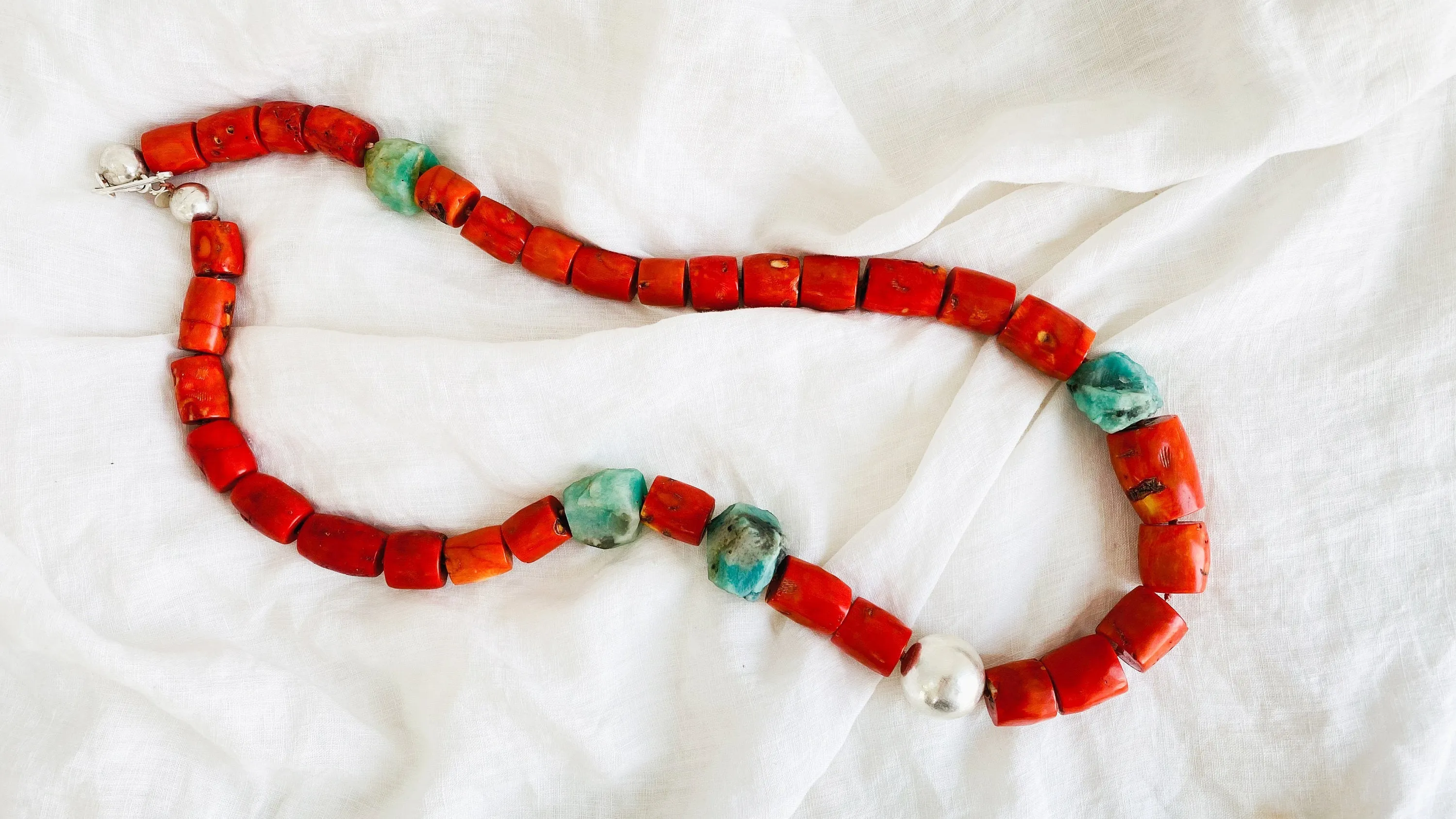 Coral, Amazonite and Silver Beaded Necklace.