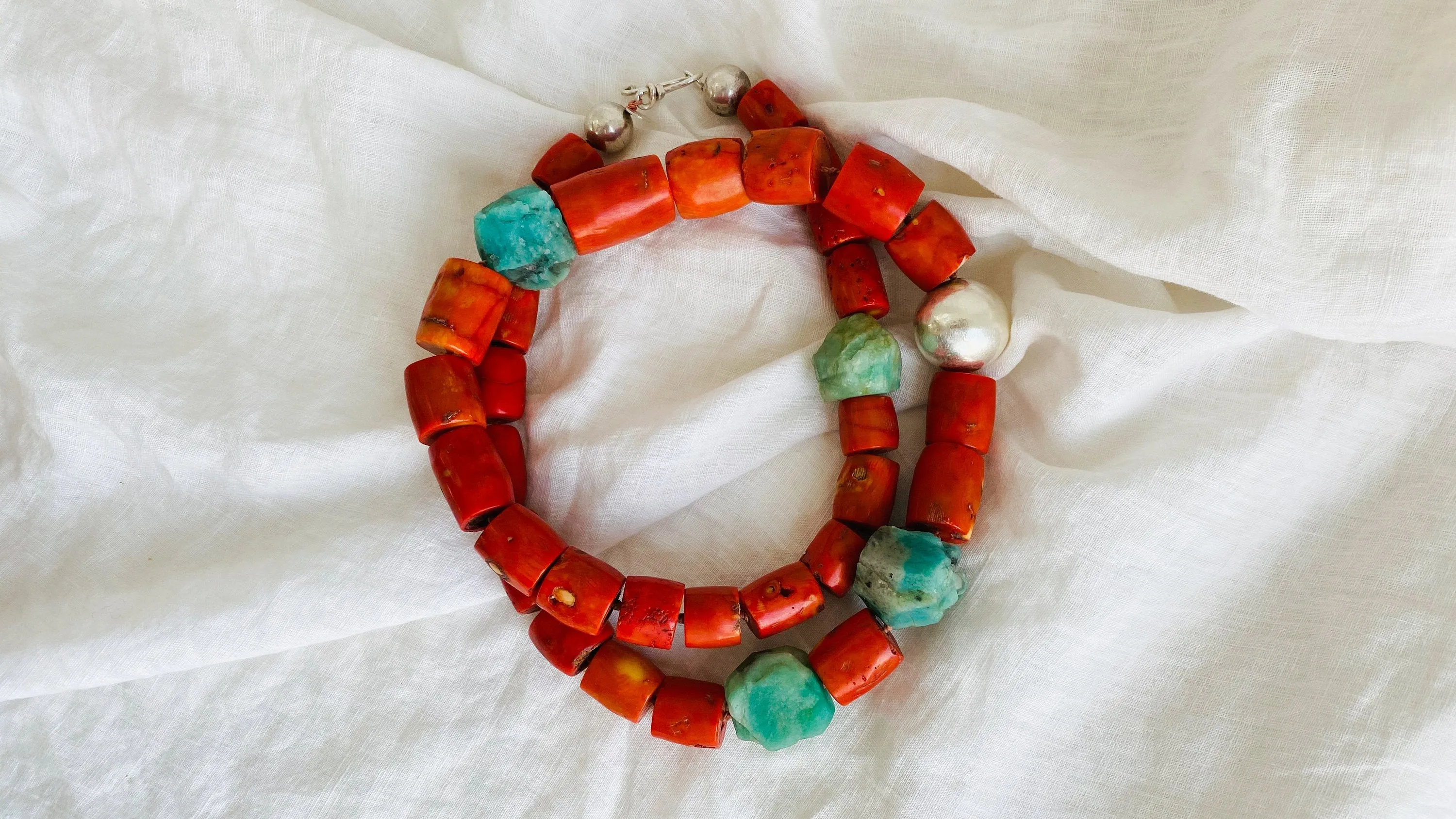 Coral, Amazonite and Silver Beaded Necklace.