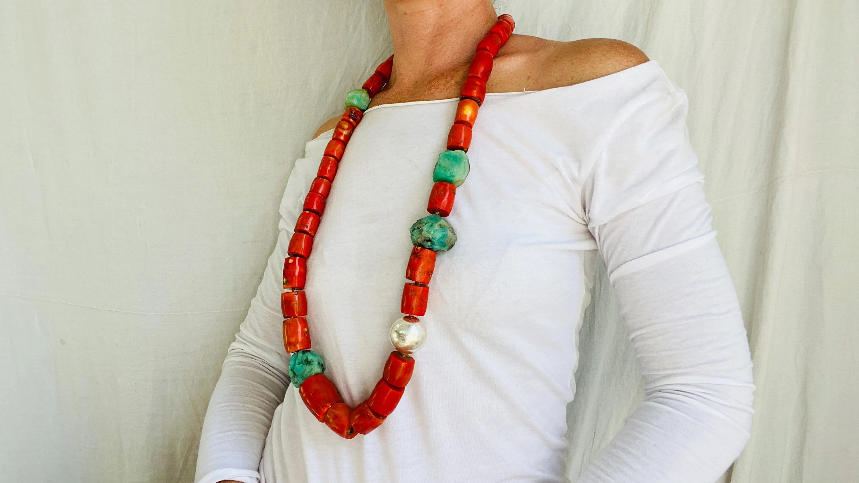 Coral, Amazonite and Silver Beaded Necklace.