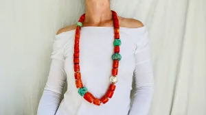 Coral, Amazonite and Silver Beaded Necklace.