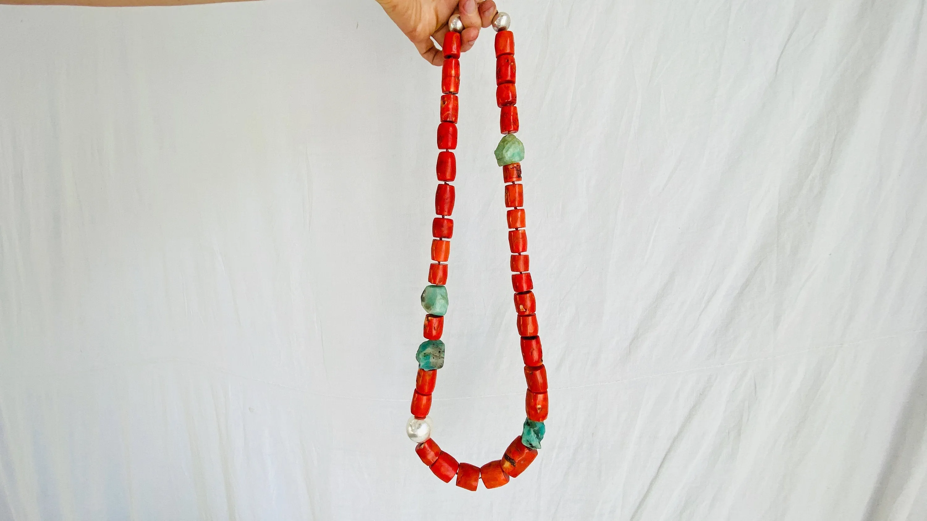 Coral, Amazonite and Silver Beaded Necklace.