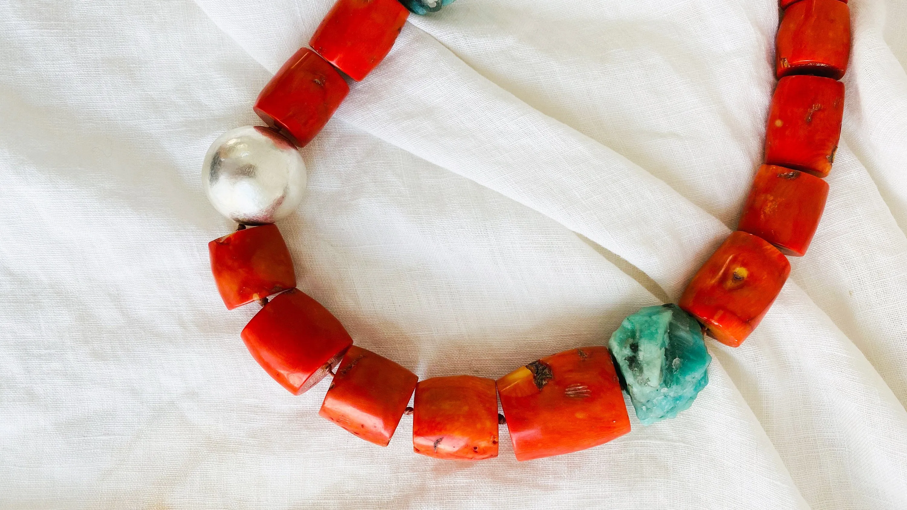 Coral, Amazonite and Silver Beaded Necklace.