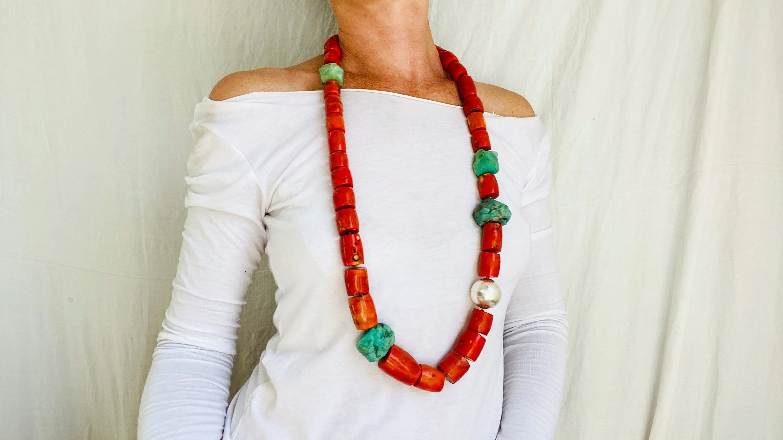 Coral, Amazonite and Silver Beaded Necklace.