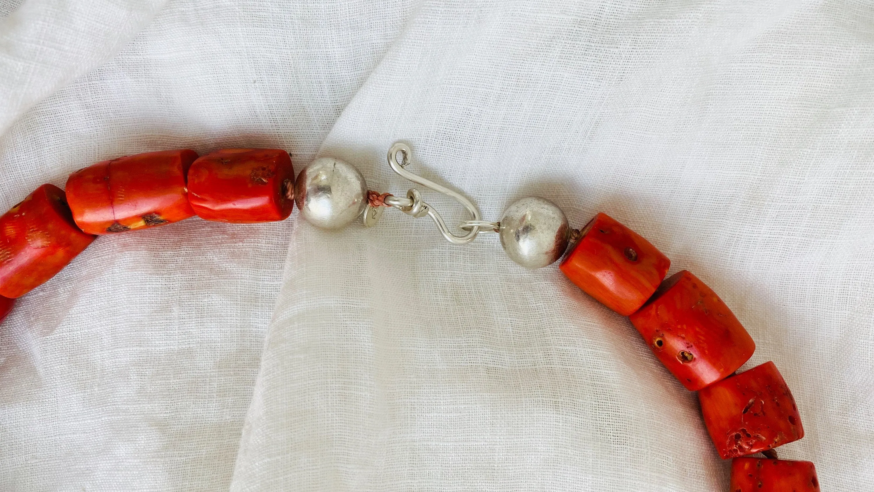 Coral, Amazonite and Silver Beaded Necklace.