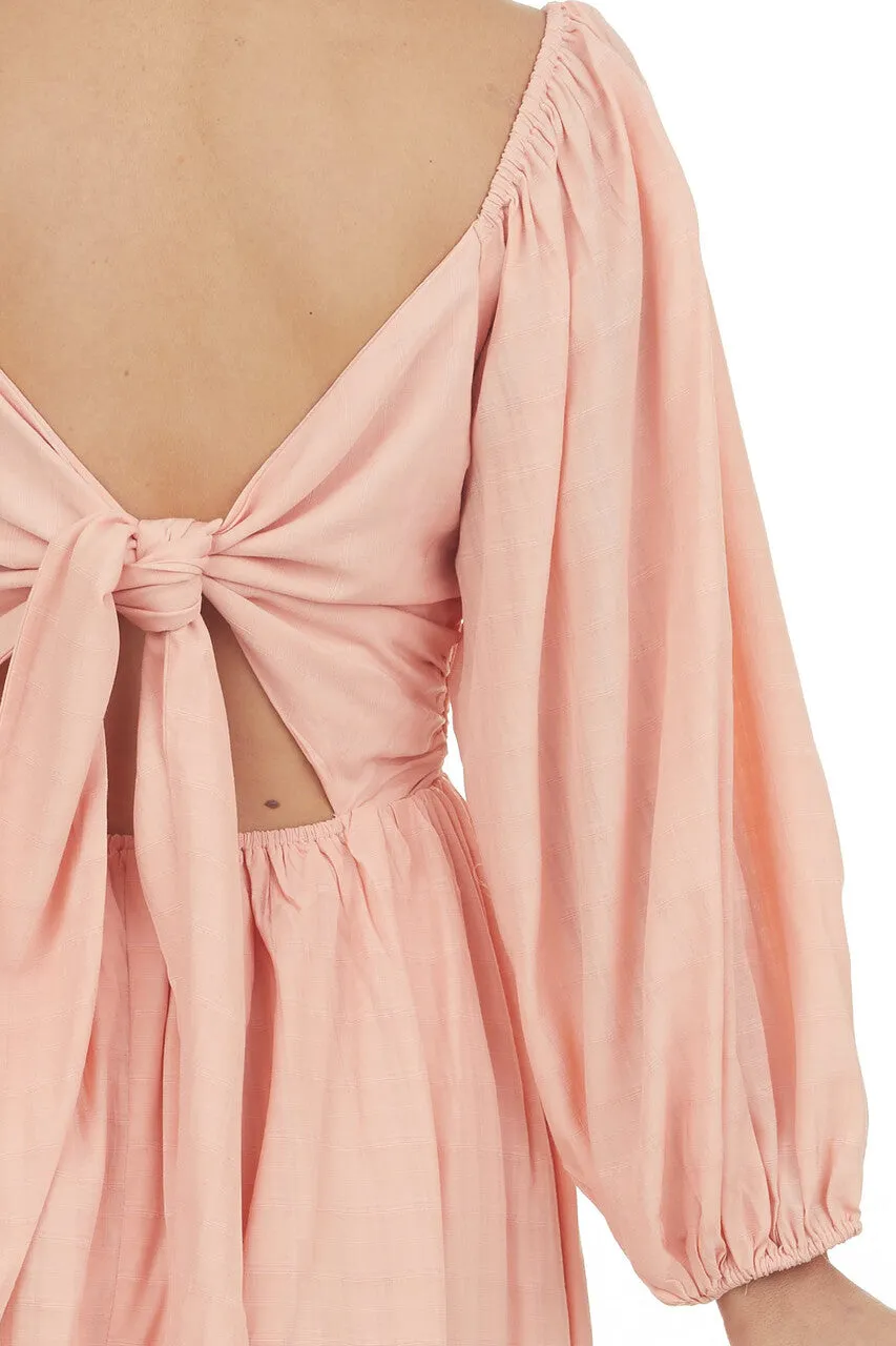 Coral Puff Sleeve Open Back Linen Short Dress