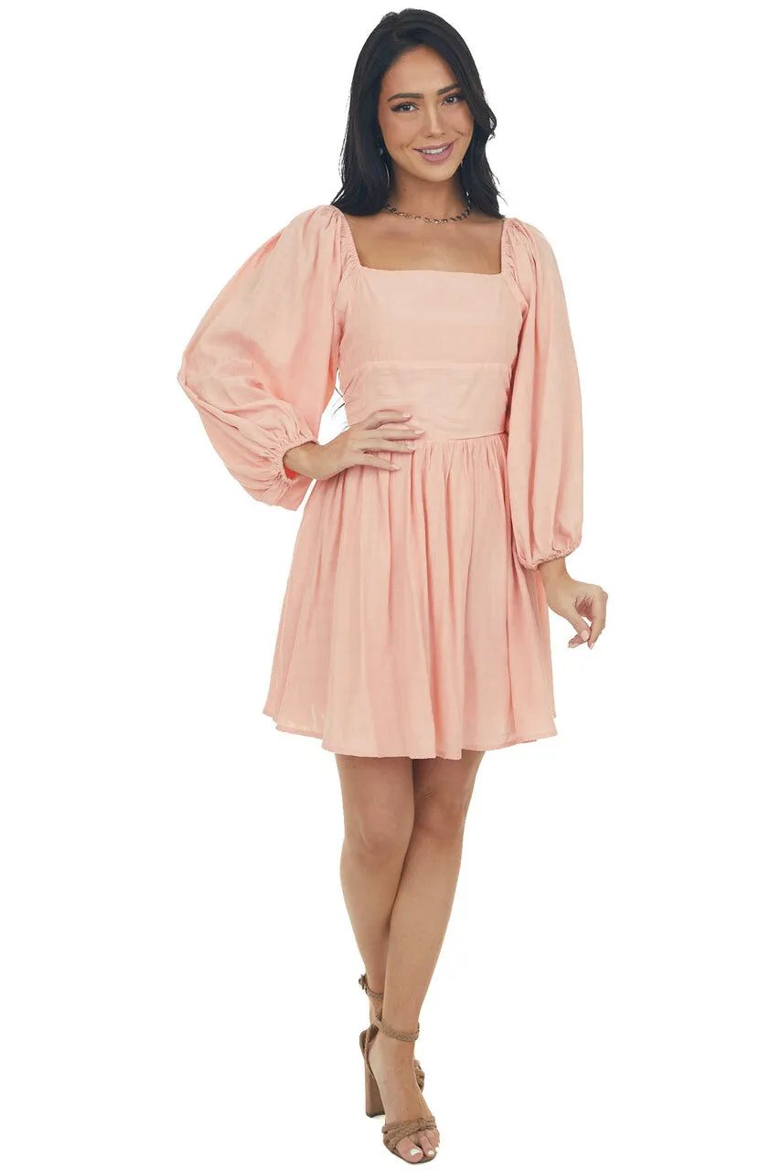 Coral Puff Sleeve Open Back Linen Short Dress