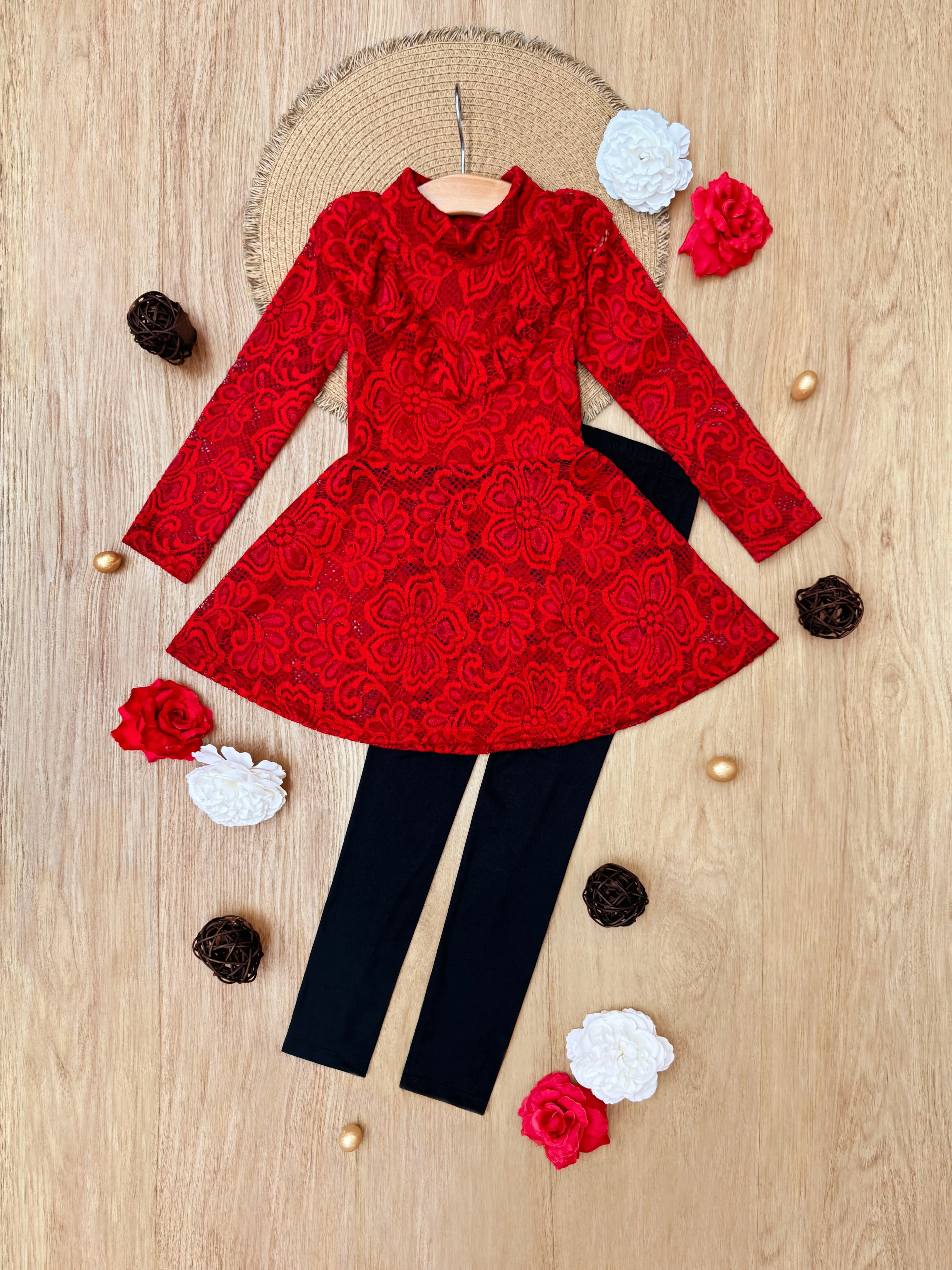 Elegant Lace Long Sleeve Tunic And Legging Set