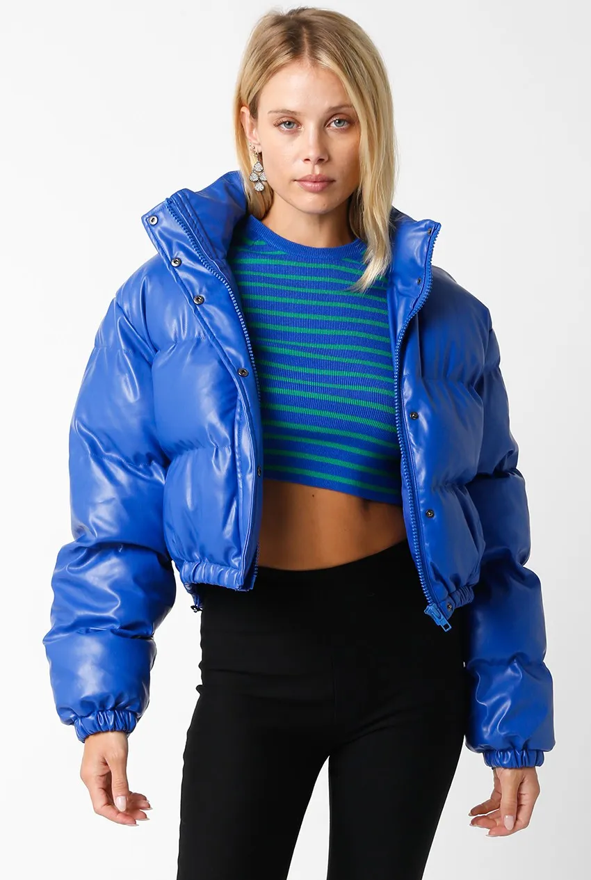 Faux Leather Puffer Jacket - Cobalt Blue