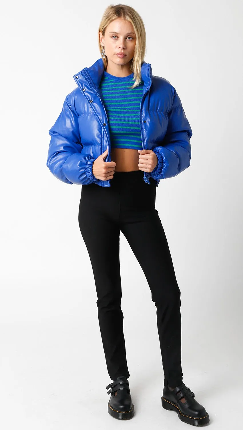 Faux Leather Puffer Jacket - Cobalt Blue