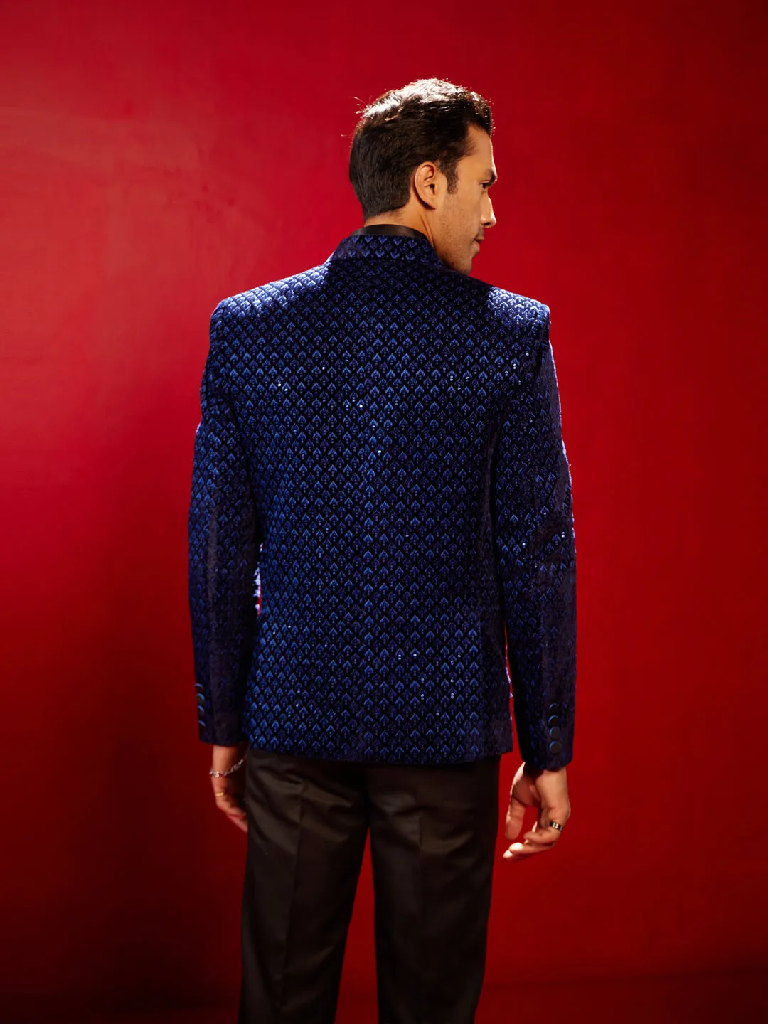 Jashvi Men's Blue Velvet Schiflli Blazer