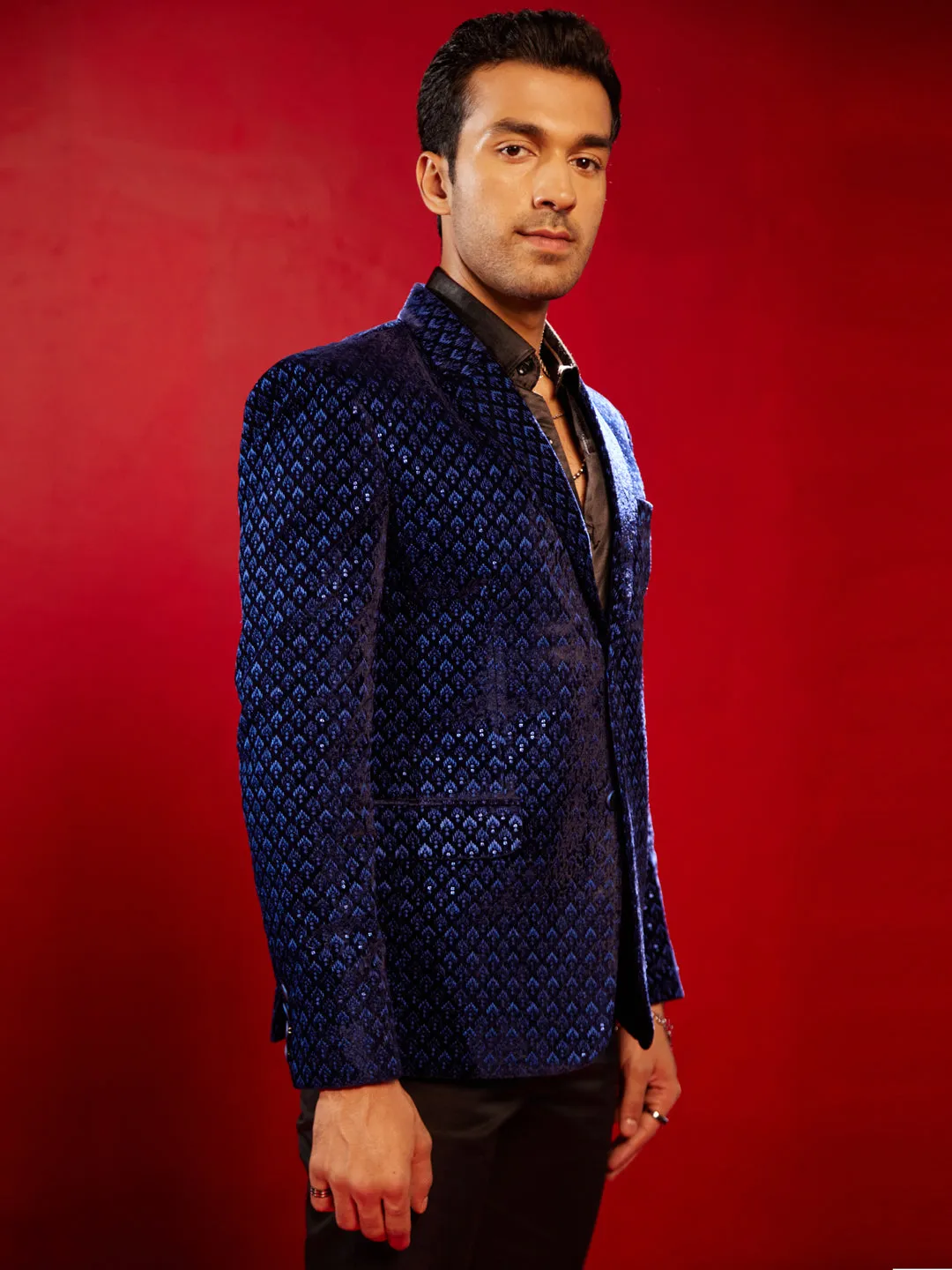 Jashvi Men's Blue Velvet Schiflli Blazer