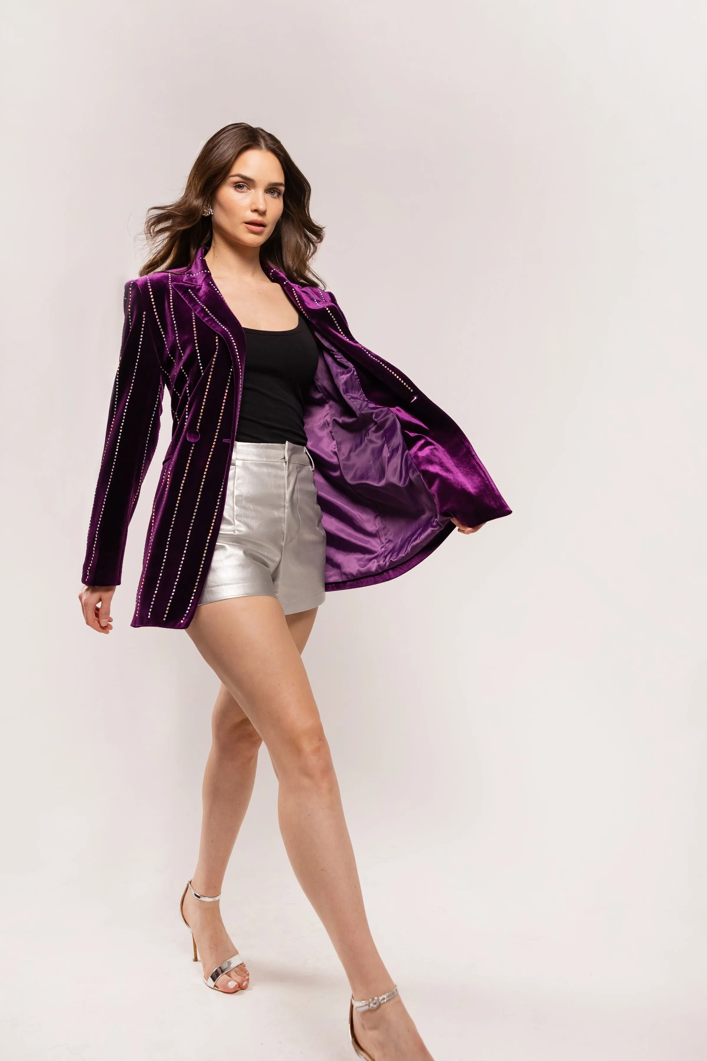Rhinestone Pin Stripe Velvet Blazer
