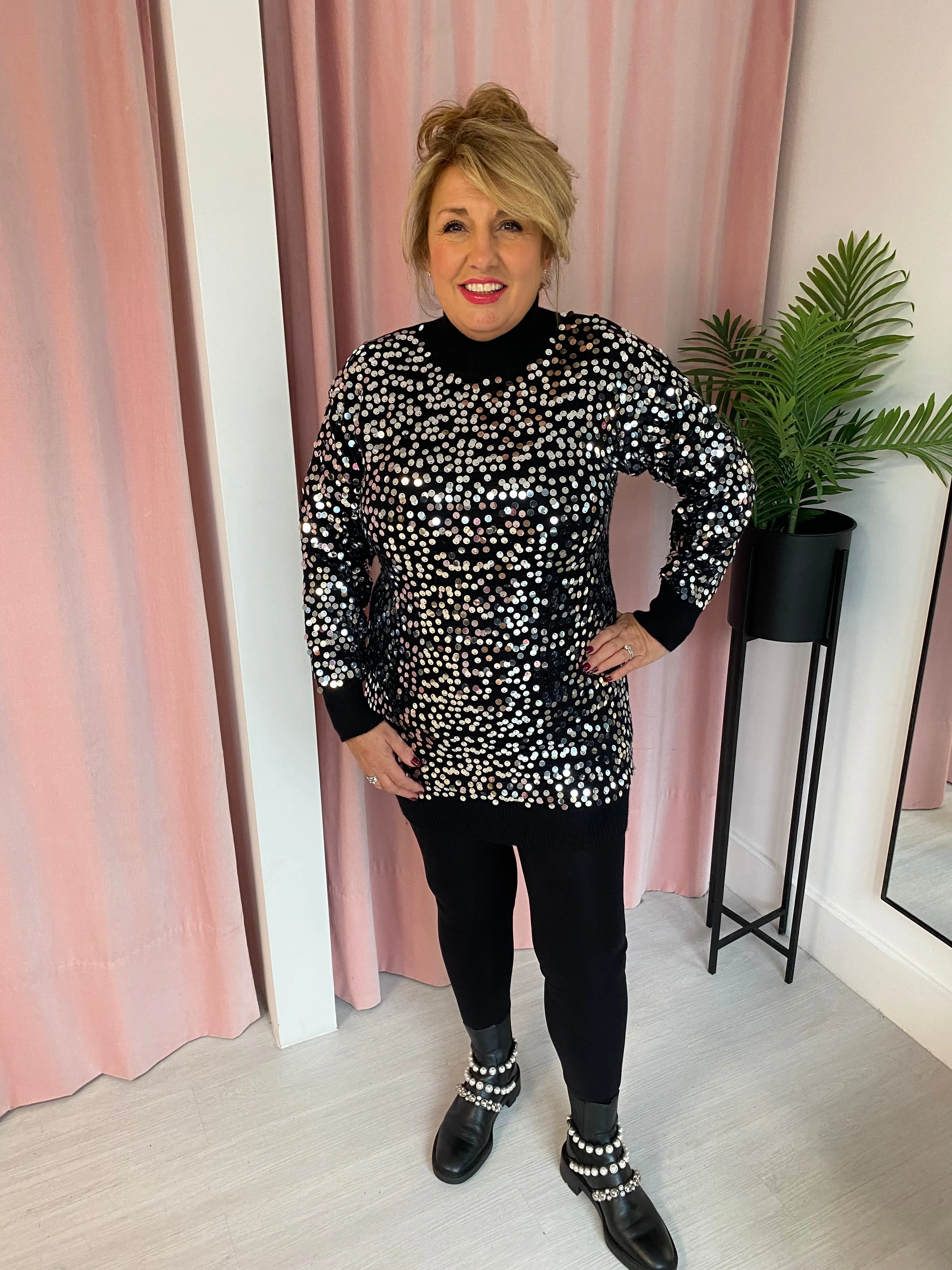 Sequin High Neck Jumper - Black