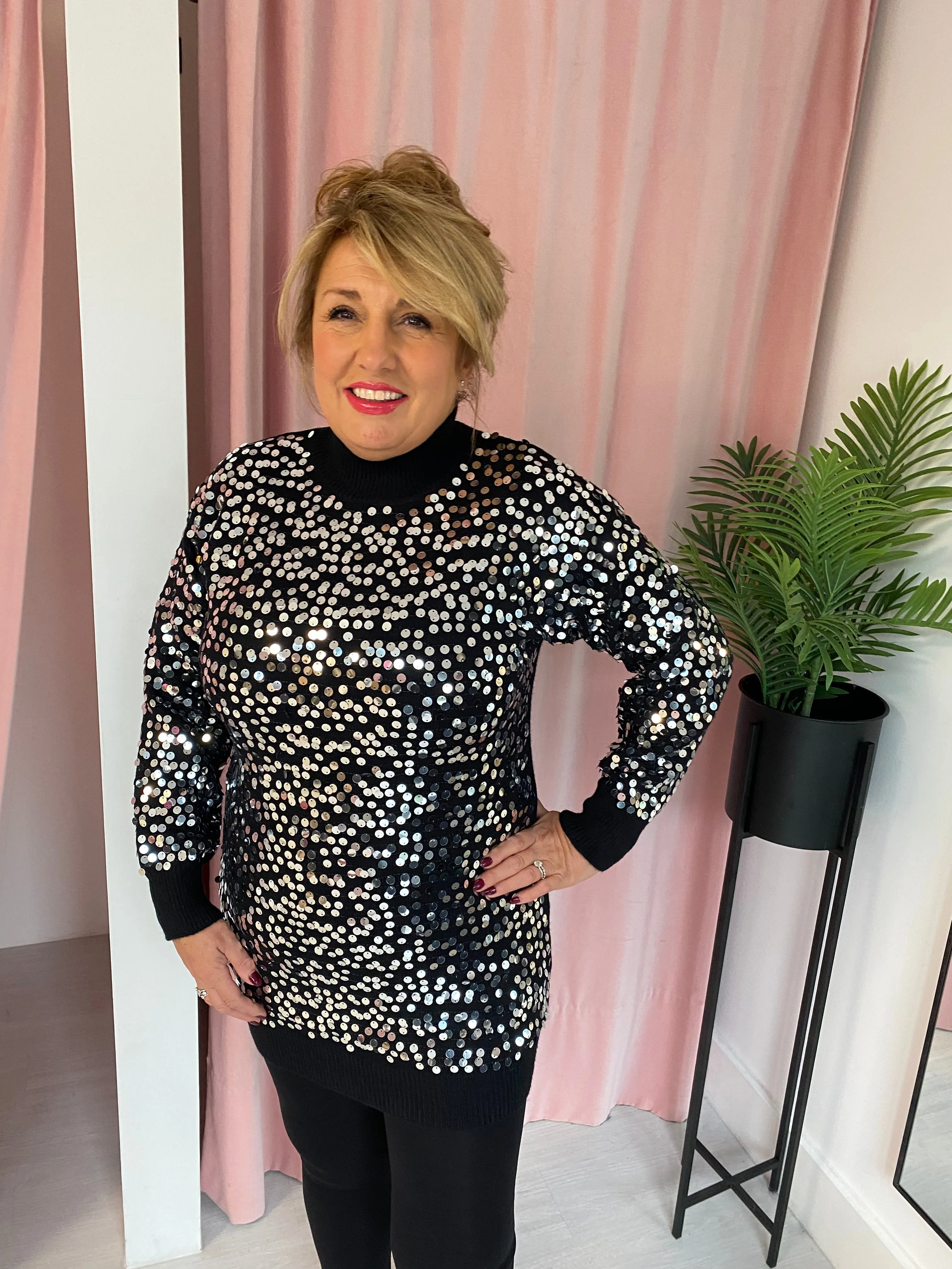 Sequin High Neck Jumper - Black