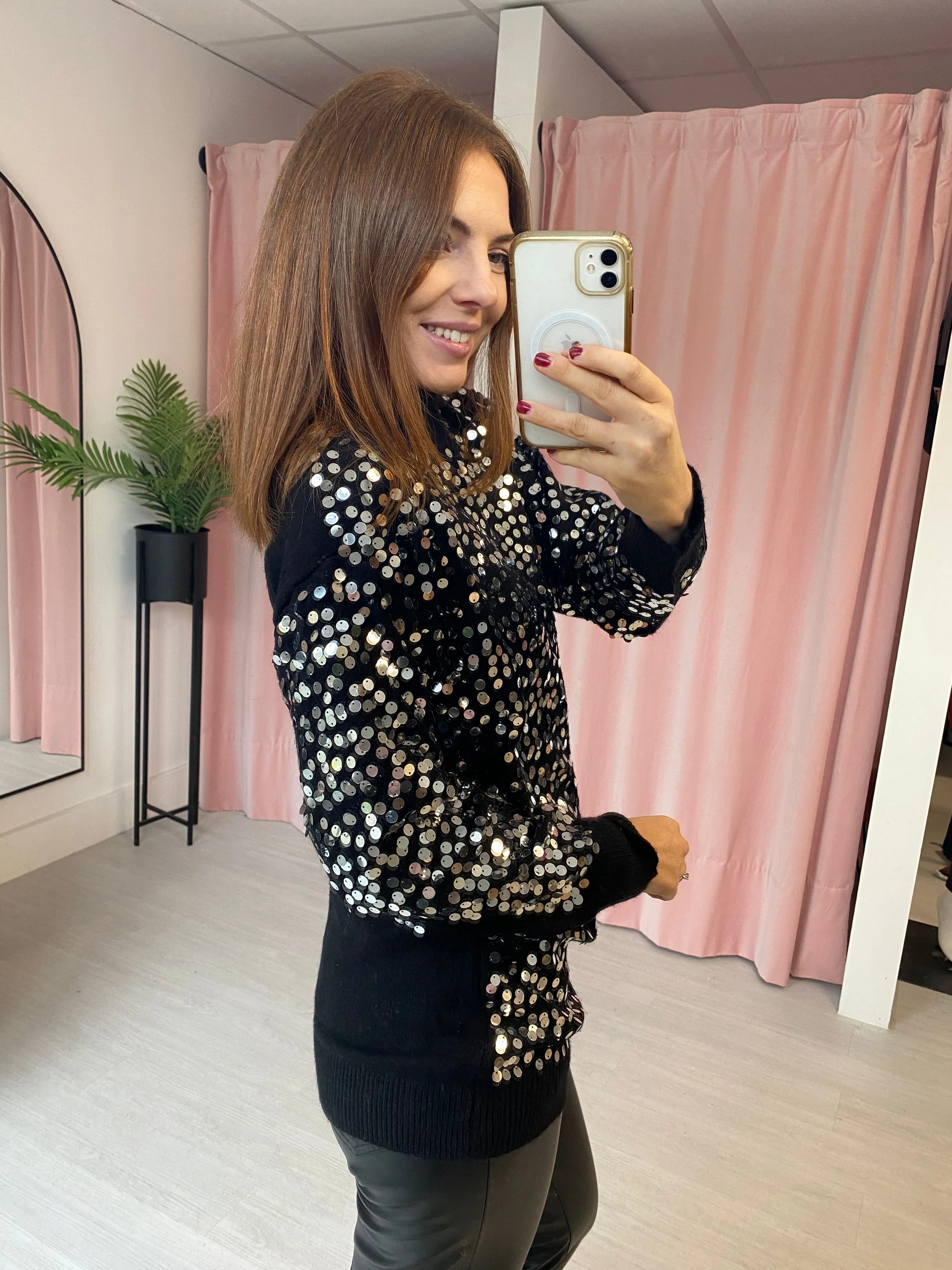Sequin High Neck Jumper - Black
