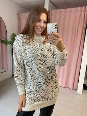 Sequin High Neck Jumper - Cream