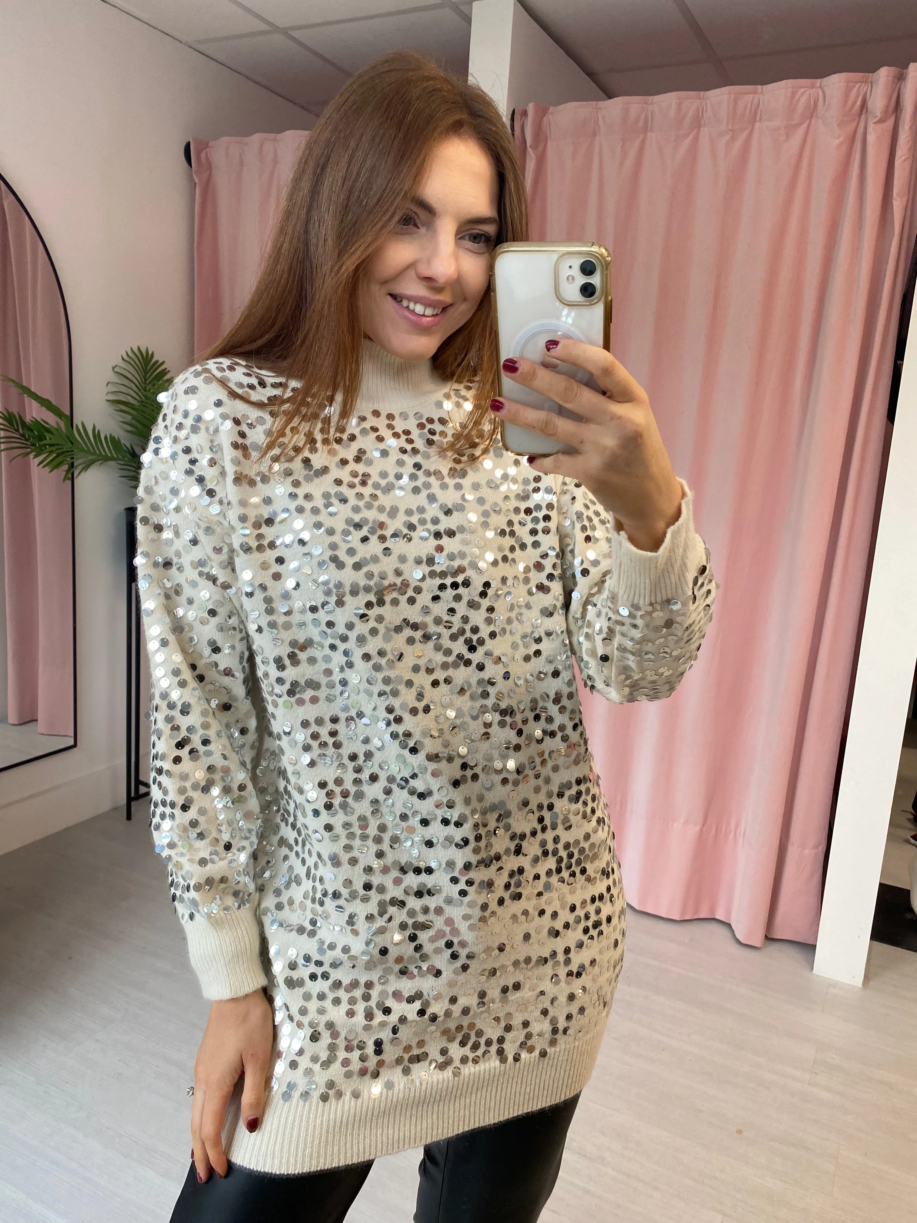 Sequin High Neck Jumper - Cream