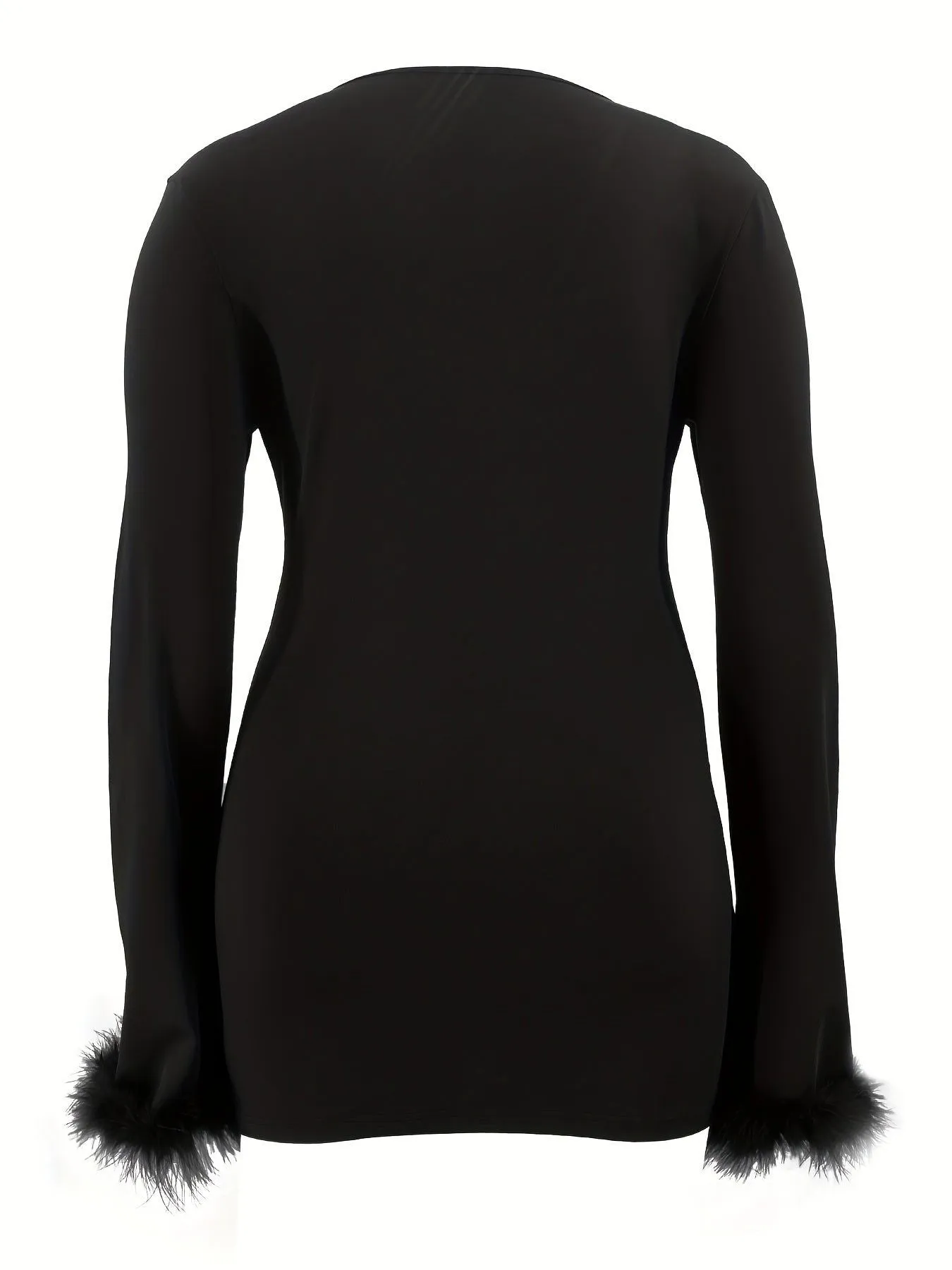 Sexy Long Sleeve Fuzzy Trim Deep V-Neck Midi Bodycon Dress