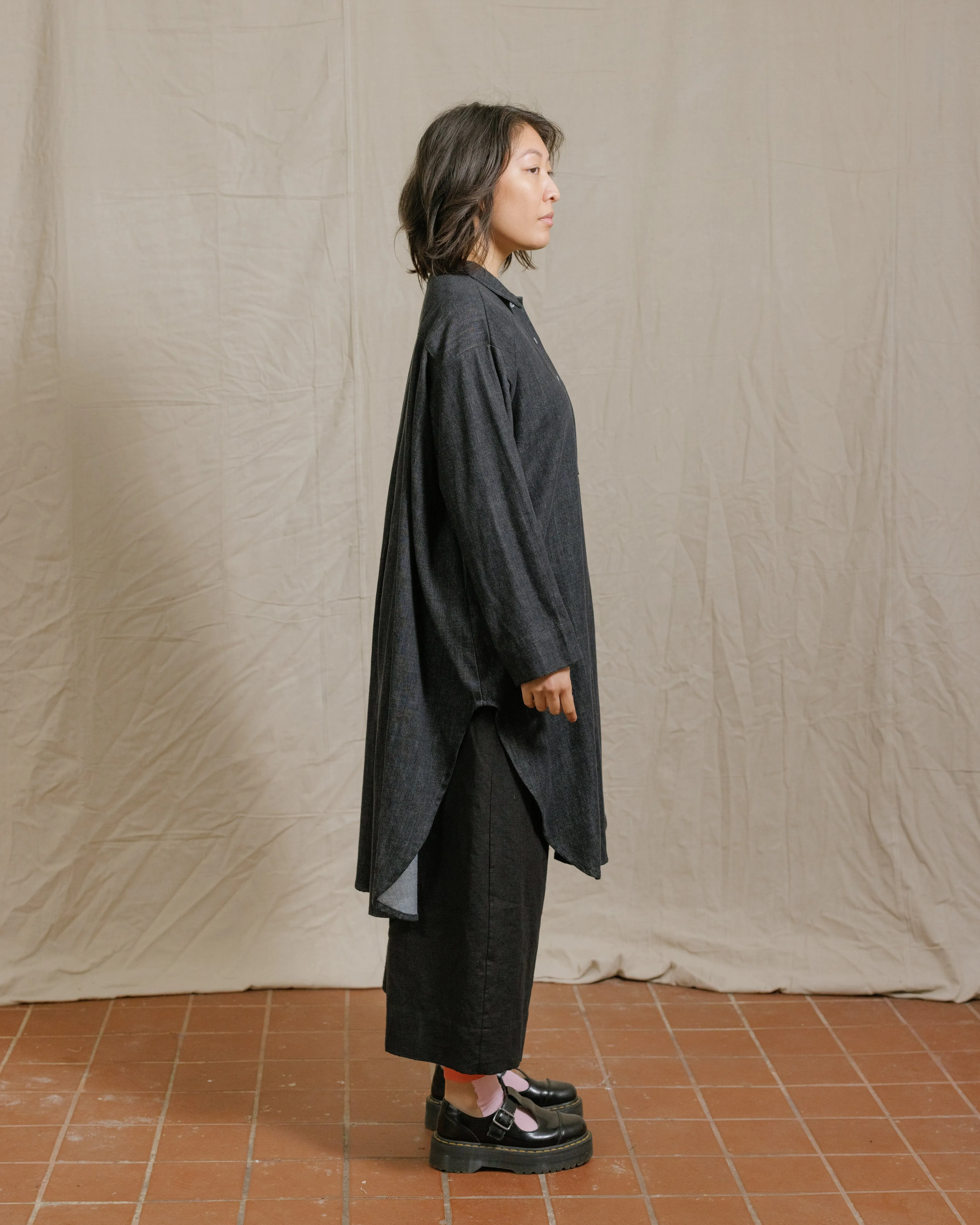Soft Volume Shirt Dress in Black Denim (RTS)