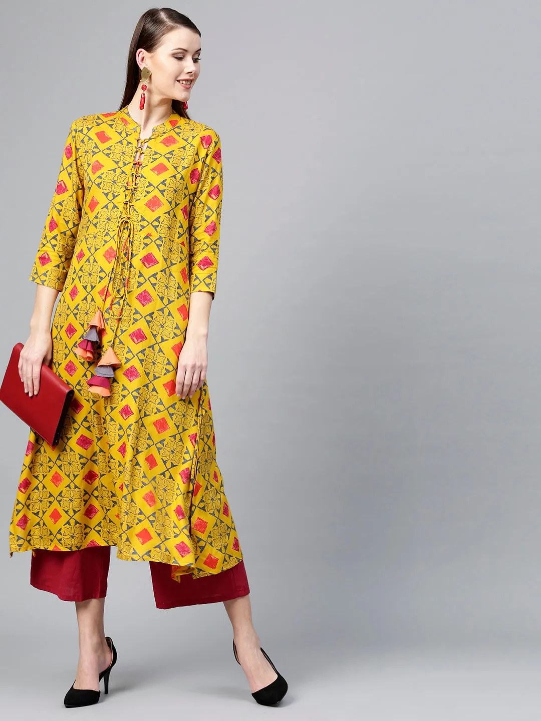 Women Mustard Yellow & Grey A-Line Kurta