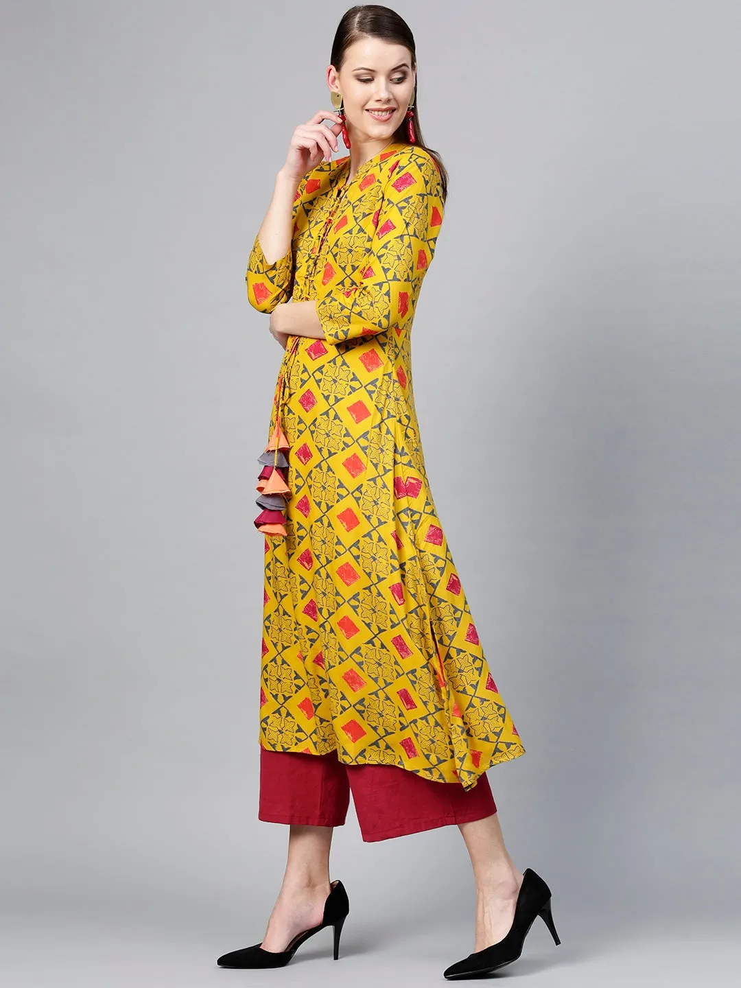 Women Mustard Yellow & Grey A-Line Kurta