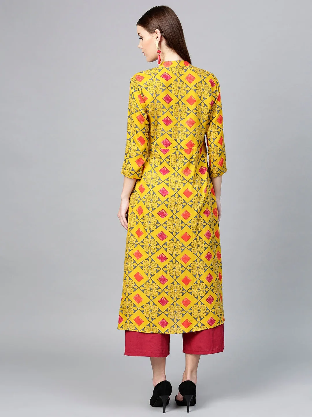 Women Mustard Yellow & Grey A-Line Kurta