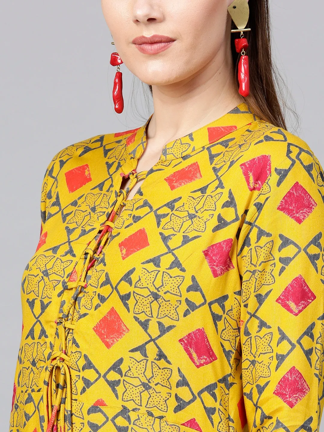 Women Mustard Yellow & Grey A-Line Kurta