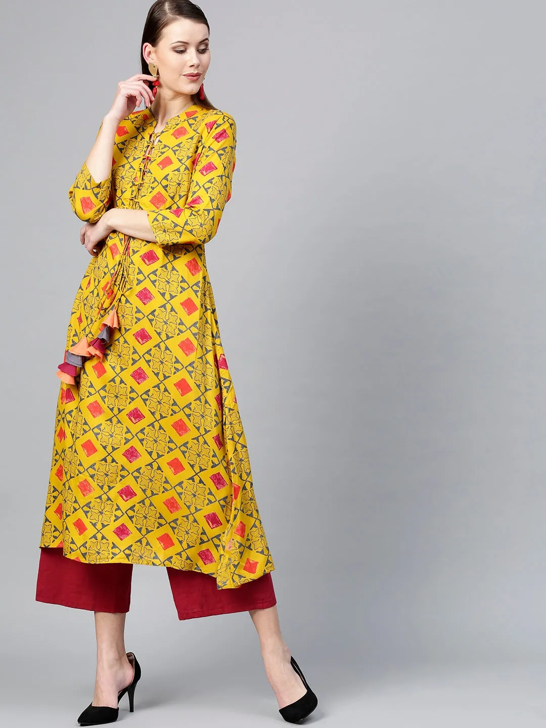 Women Mustard Yellow & Grey A-Line Kurta