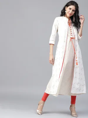 Women White & Golden A-Line Kurta