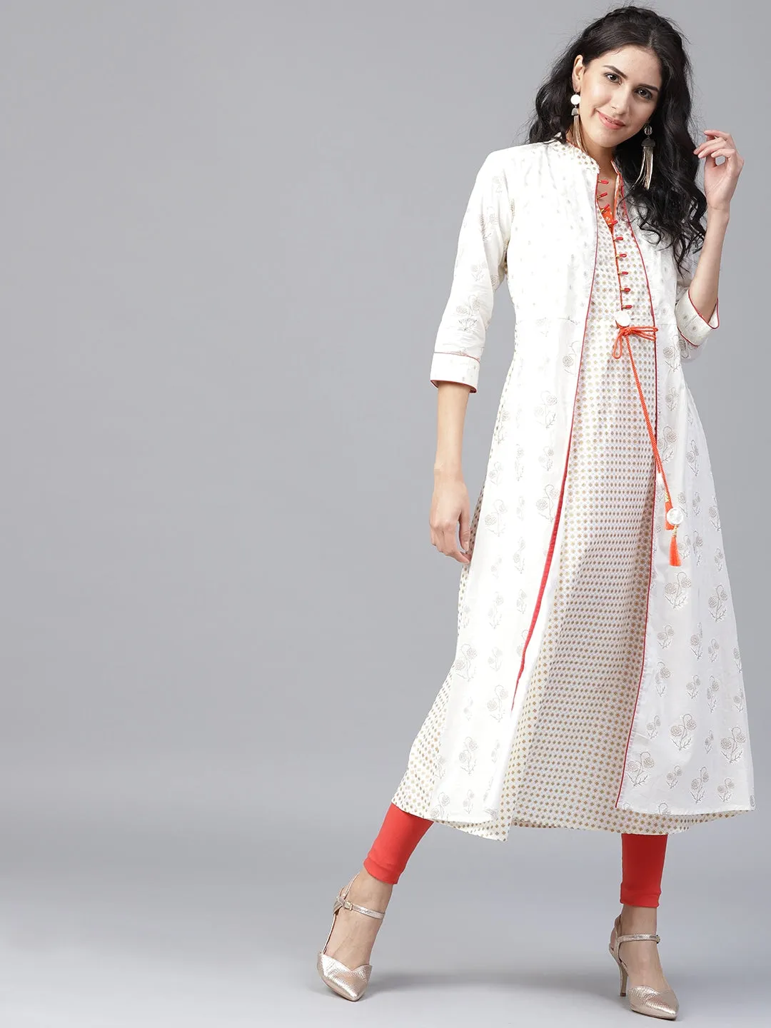 Women White & Golden A-Line Kurta