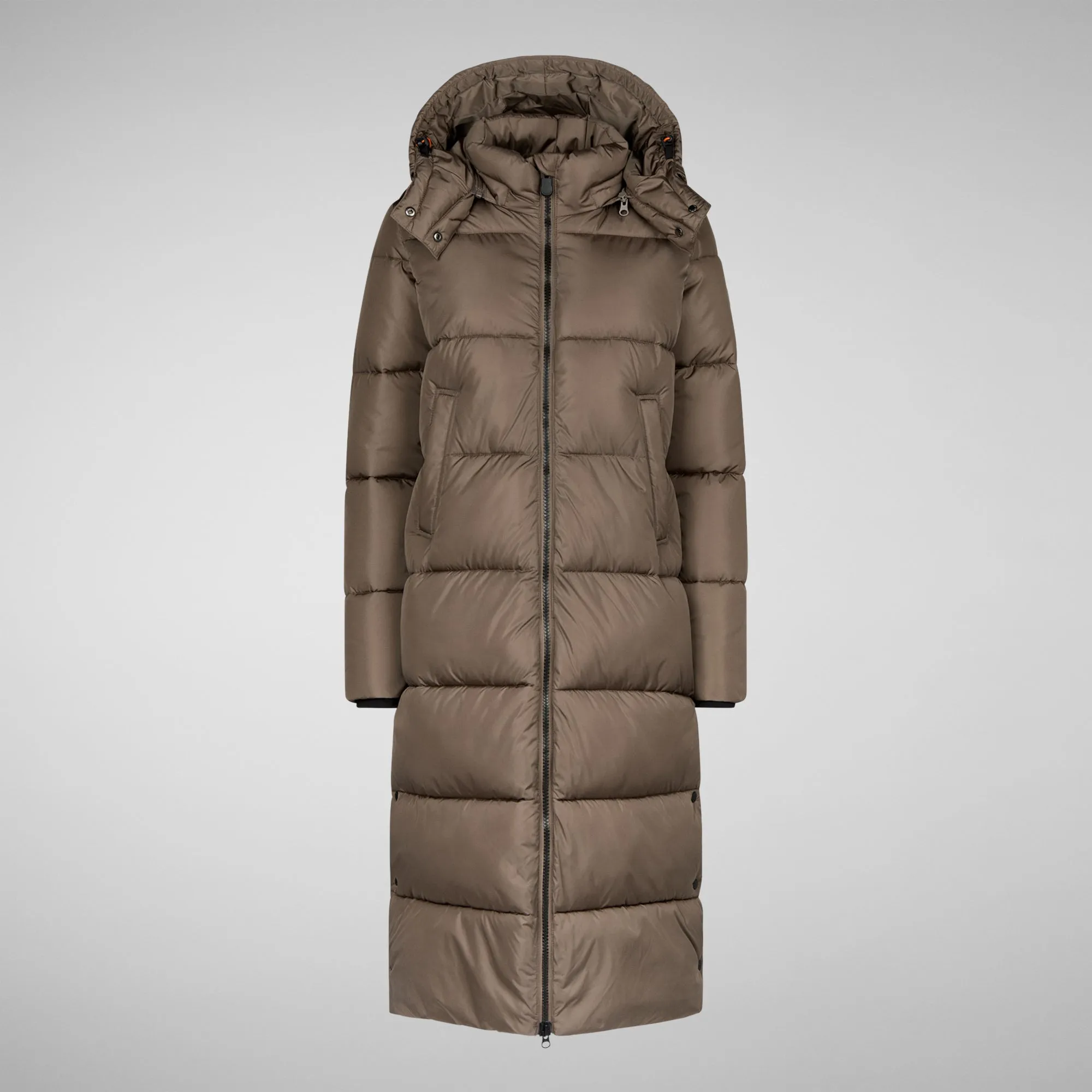 Women's Colette Long Puffer Coat with Detachable Hood in Mud Grey