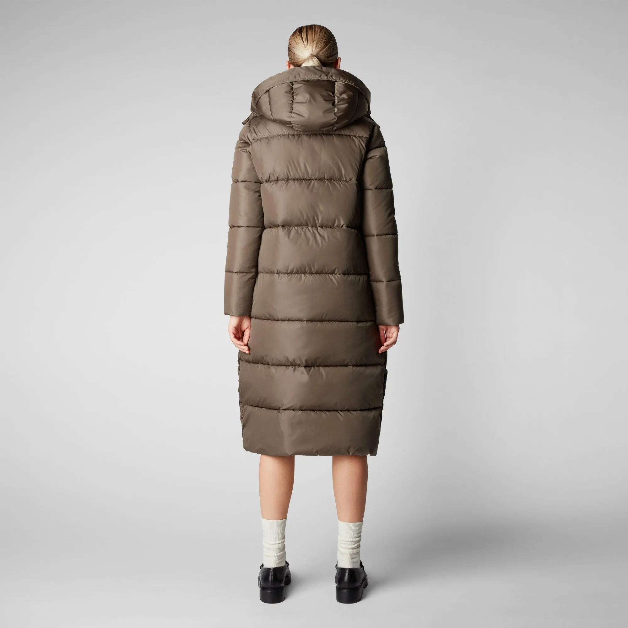 Women's Colette Long Puffer Coat with Detachable Hood in Mud Grey