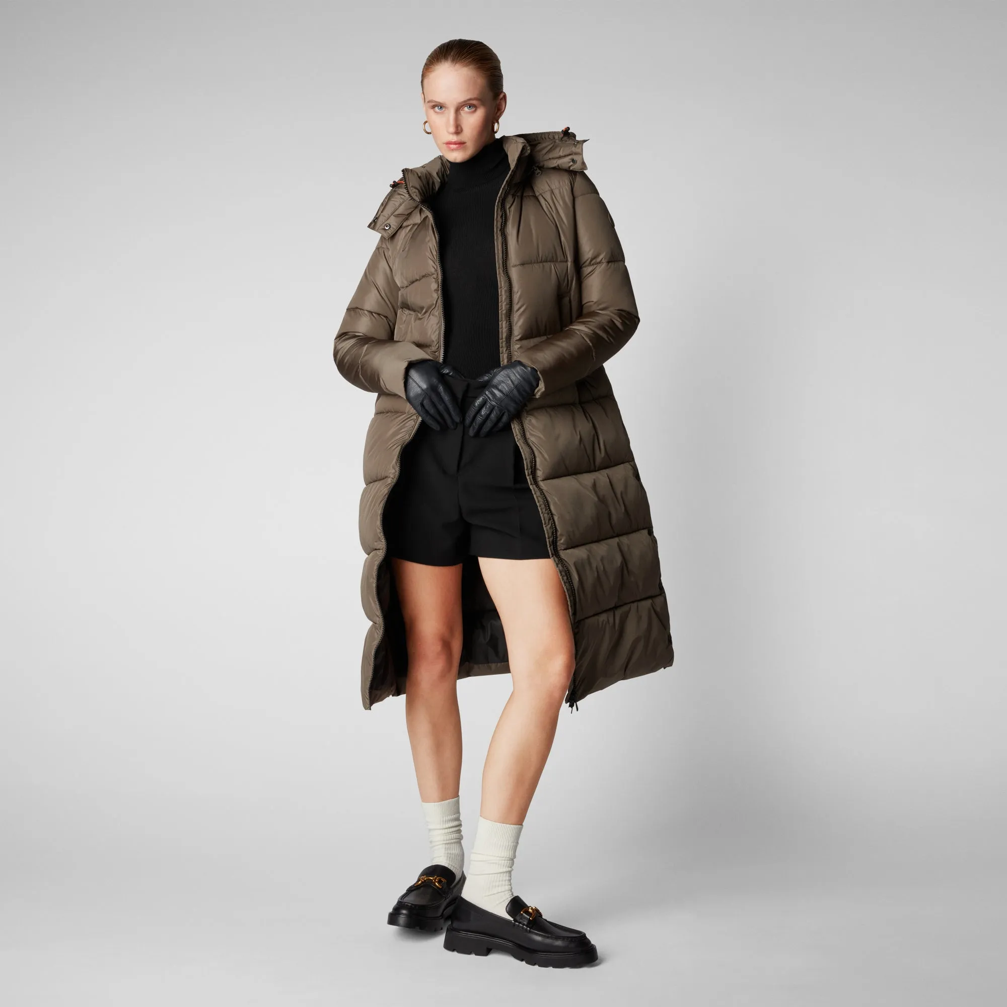 Women's Colette Long Puffer Coat with Detachable Hood in Mud Grey