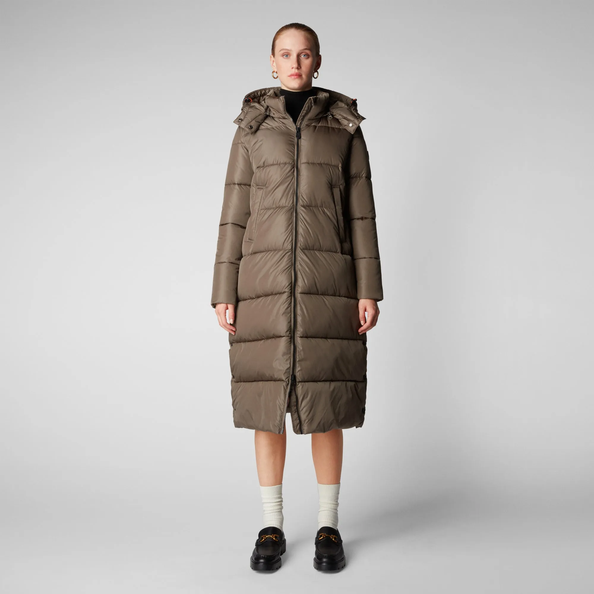 Women's Colette Long Puffer Coat with Detachable Hood in Mud Grey